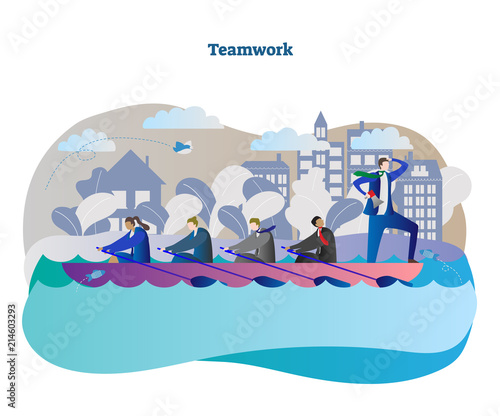 Business teamwork conceptual vector illustration with rowing team unity and leader moving to success while avoiding obstacles and challenges. 