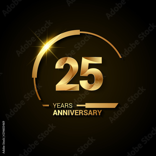 25 Years Anniversary Celebration Logotype. Golden Elegant Vector Illustration with Half Circle, Isolated on Black Background can be use for Celebration, Invitation, and Greeting card