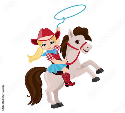 Cowgirl riding a horse with lasso.