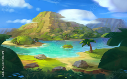Island with Palms and Trees in the Sea under Clouds Game Background Illustration, Realistic Style Concept