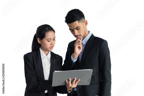 Businesspeople smiling coworking commenting and showing growth graphic and taking a business conversation on white back ground
