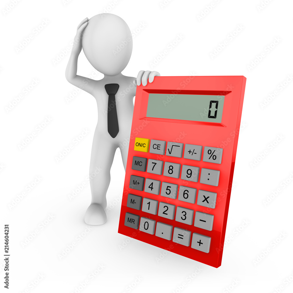 3d rendered white businessman with the big red calculator 3d rendered white businessman with the big red calculator