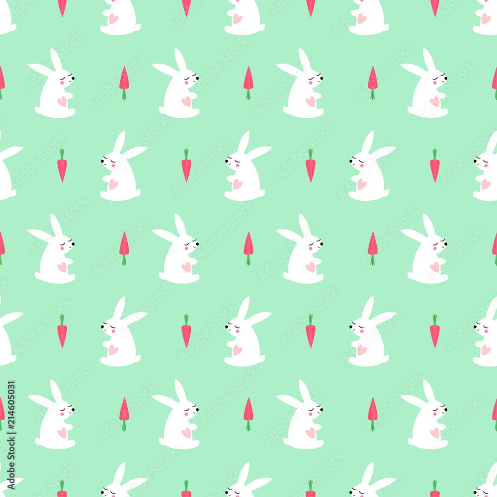 White bunny with carrot seamless pattern mint green background. Baby animal vector illustration. Cute vector child drawing style design for textile, wallpaper, fabric.