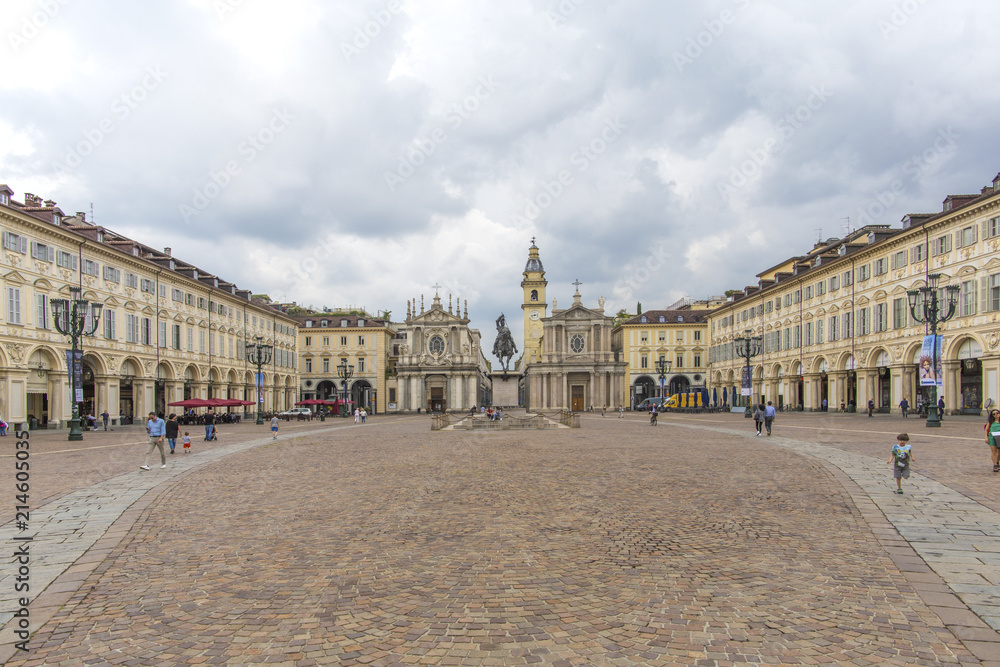 Turin, Italy -June 12, 2018 :Piazza San Carlo square and twin churches of Santa Cristina and San Carlo Borromeo in the Old Town center of Turin, Italy. Turin, San Carlo square, Italy
