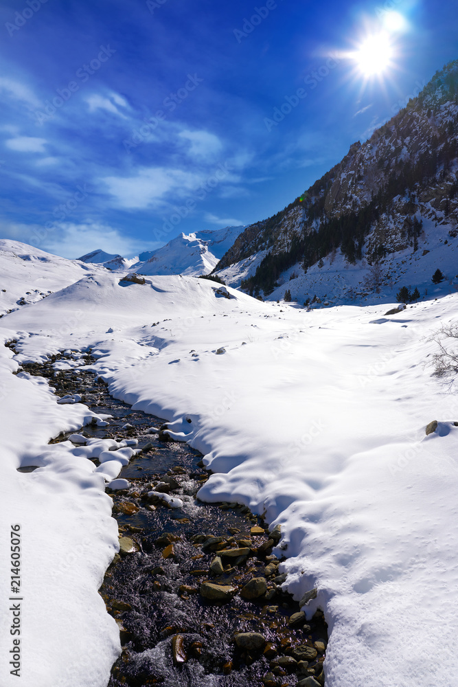 Cerler snow stream in Pyrenees of Huesca Spain