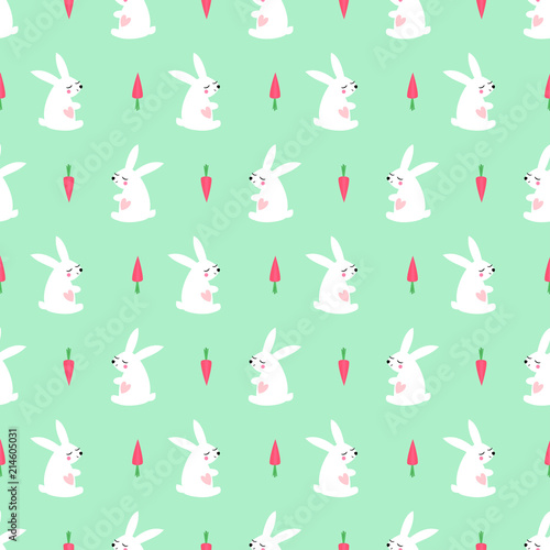 White bunny with carrot seamless pattern mint green background. Baby animal vector illustration. Cute vector child drawing style design for textile  wallpaper  fabric.