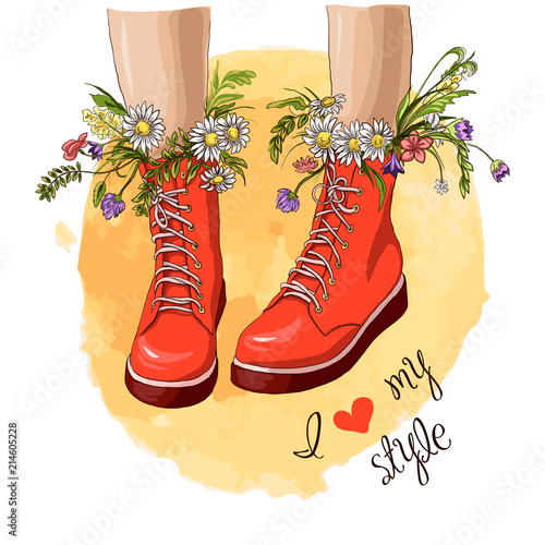 Fashion women red boots with bouquet flower. Hand drawn sketch. Vector illustration. Slogan "i love my style"