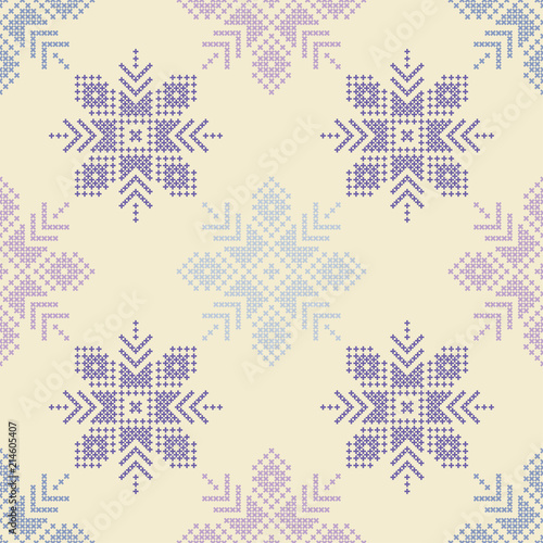 Cross stitch Norwegian snowflakes. Seamless vector background. Folk motives. Winter pattern. Textile rapport.