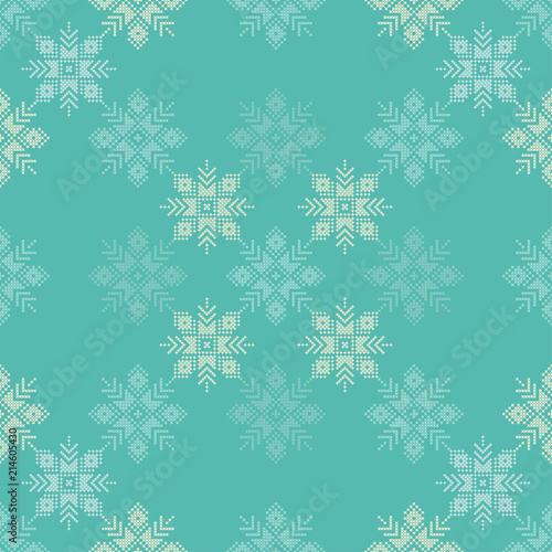 Cross stitch Norwegian snowflakes. Seamless vector background. Folk motives. Winter pattern. Textile rapport.