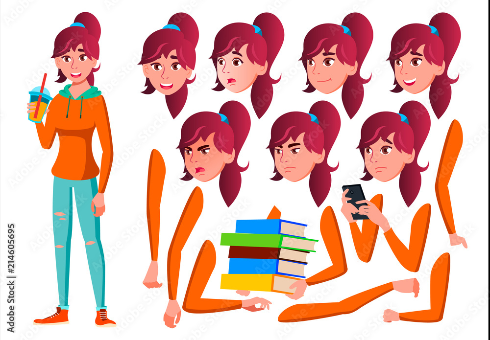 Teen Girl Vector. Teenager. Pretty, Youth. Face Emotions, Various Gestures.  Animation Creation Set. Isolated Flat Cartoon Character Illustration Stock  Vector | Adobe Stock