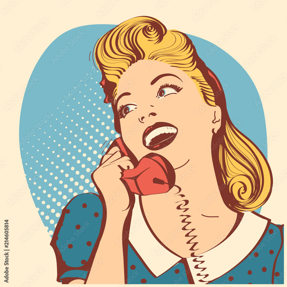 Zie insecten Eervol Antagonisme Retro young woman with blond hair talking on phone.Vector pop art color  illustration Stock Vector | Adobe Stock