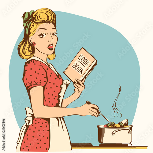 Retro young woman cooking soup in her kitchen room.Vector color illustration