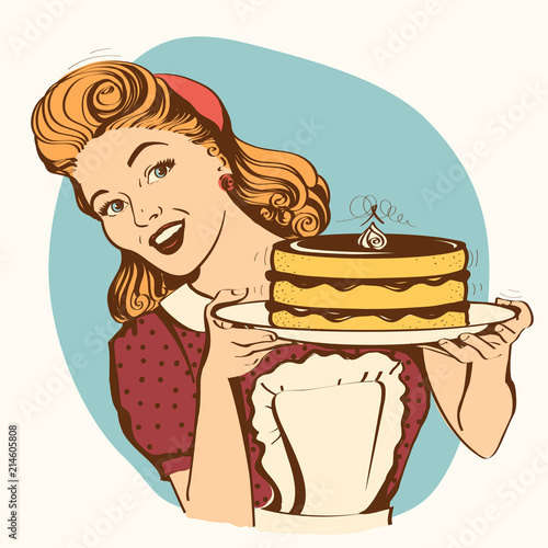Retro smiling housewife holding big cake in her hands.Vector color illustration