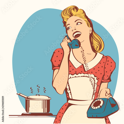 Retro young woman talking on phone in her kitchen.Vector color illustration
