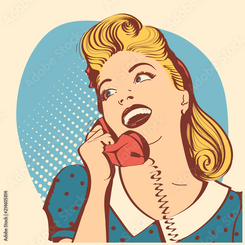 Retro young woman with blond hair talking on phone.Vector pop art color illustration