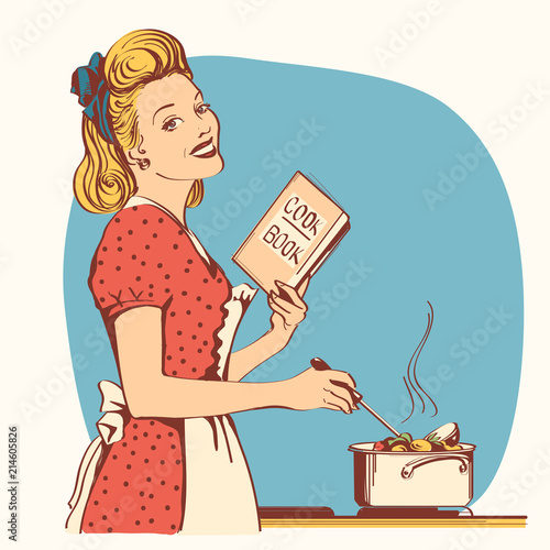 Retro young woman in red old fashioned dress cooking soup in her kitchen room.