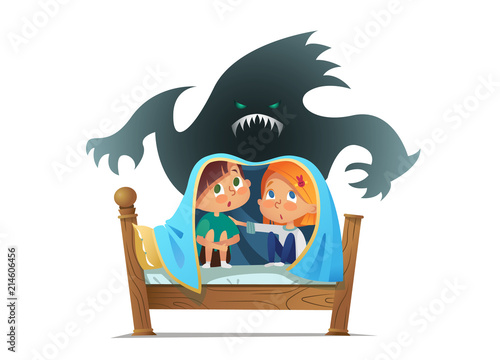 Pair of scared children sitting on bed and hiding from frightening ghost under blanket. Fearful kids and imaginary monster. Cartoon characters isolated on white background. Vector illustration.