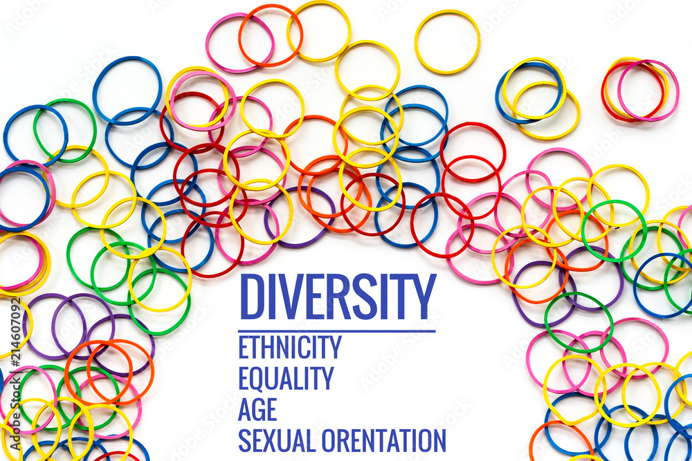 Diversity concept. mix colorful rubber band on white background with text Diversity, Ethnicity, Equality, Age, Sexual Orientation Diversity concept. mix colorful rubber band on white background with text Diversity, Ethnicity, Equality, Age, Sexual Orientation
