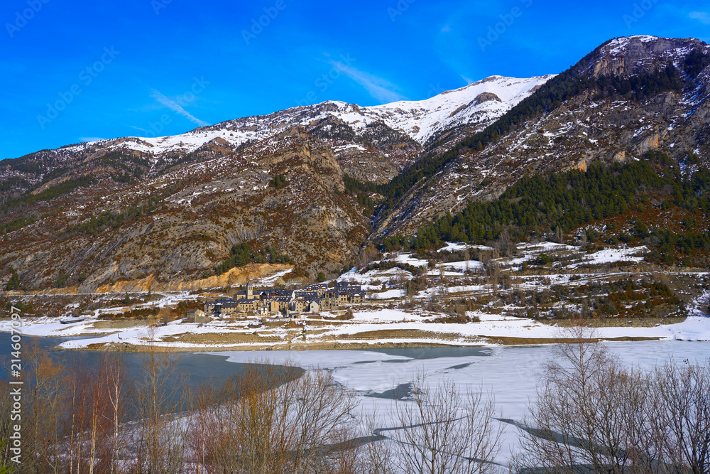 Lanuza village and reservoir in Pyrenees of Huesca