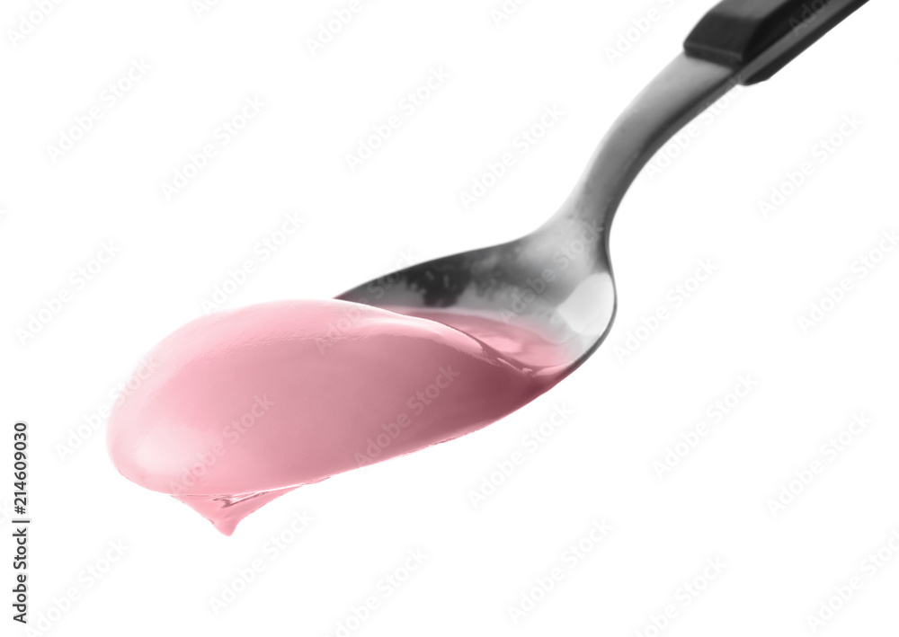 Spoon with tasty strawberry yogurt on white background Spoon with tasty strawberry yogurt on white background