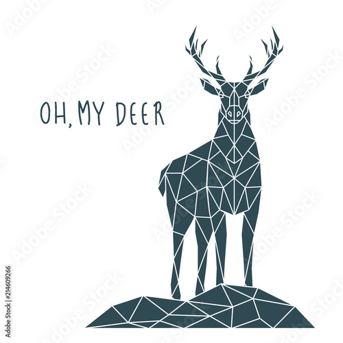 Polygonal Deer Print with lettering. Scandinavian style poster. Geometric vector illustration.