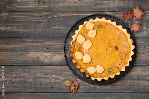 Traditional homemade American pumpkin pie for a holiday