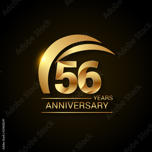 56 Years Anniversary Celebration Logotype. Golden Elegant Vector Illustration  with Gold Swoosh,  Isolated on Black Background can be use for Celebration, Invitation, and Greeting card