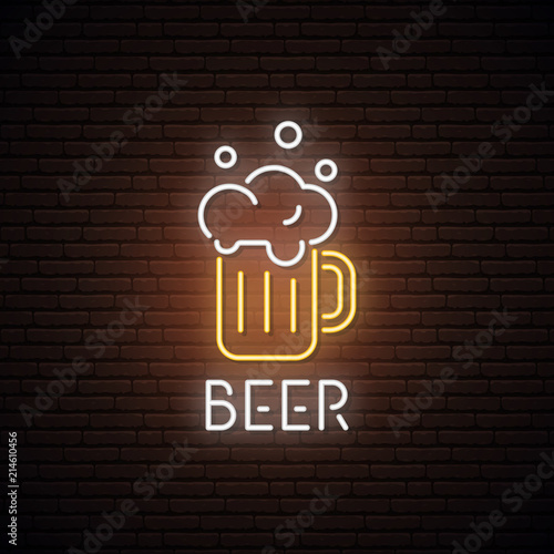 Neon sign of Beer Mug. Neon bar emblem, bright banner. Advertising design. Night light signboard. Vector illustration..