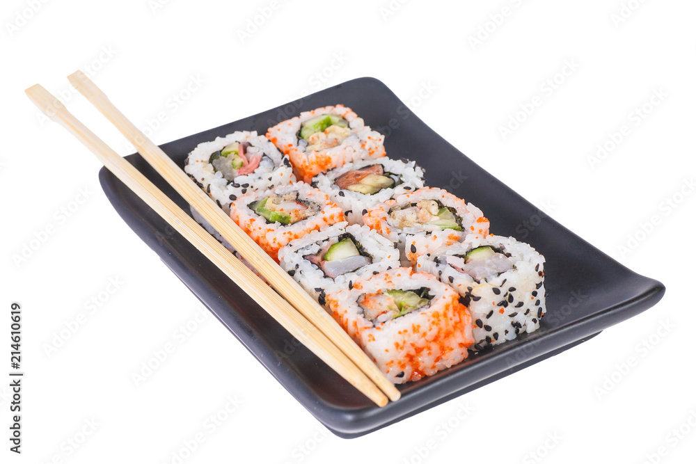 Sushi in a plate isolated on white background Sushi in a plate isolated on white background