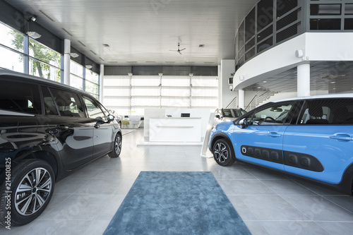 Modern elegant car showroom interior with two blue and black cars, soft rug and big windows © Photographee.eu