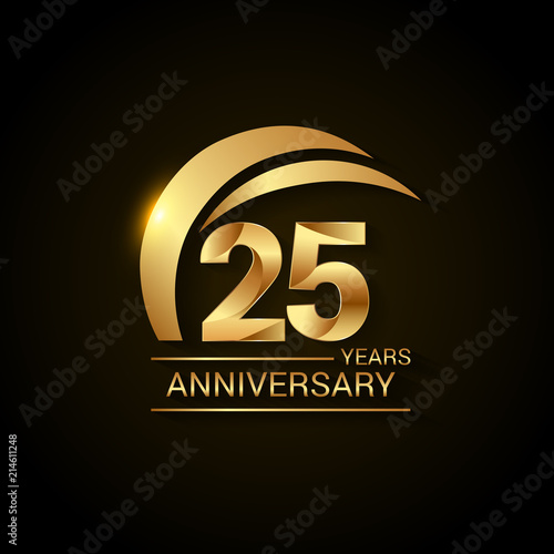 25 Years Anniversary Celebration Logotype. Golden Elegant Vector Illustration  with Gold Swoosh,  Isolated on Black Background can be use for Celebration, Invitation, and Greeting card