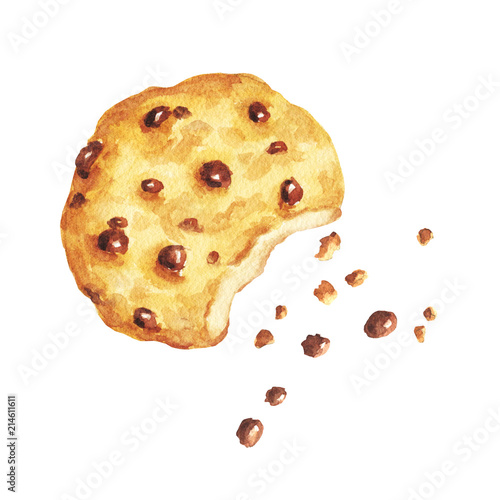 Photography Hand drawn watercolor delicious cookie bite with crumbs, with chocolate drops, isolated on white background