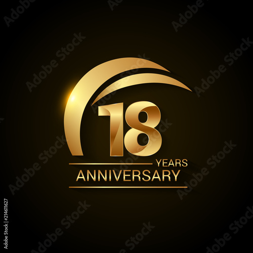 18 Years Anniversary Celebration Logotype. Golden Elegant Vector Illustration  with Gold Swoosh,  Isolated on Black Background can be use for Celebration, Invitation, and Greeting card