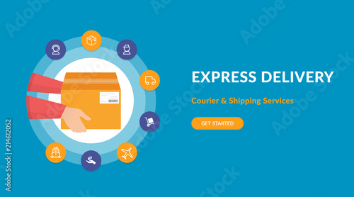 Express delivery service and fast shipping a cardboard box. Flat concept vector website template and landing page design of courier has delivered a carton box and logistics related icons around him