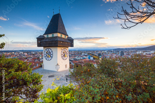 Graz clock tower at sunset, Graz, Styria, Austria photo