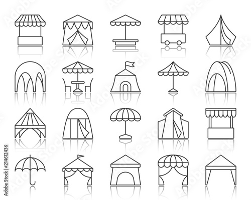 Tent simple black line icons vector set