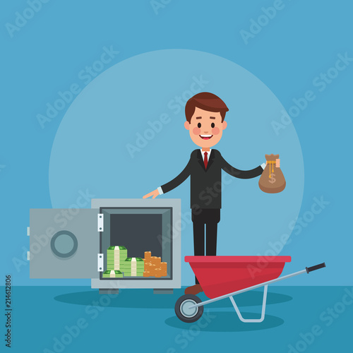 Businessman with strongbox with money and empty wheelbarrow vector illustration graphic design