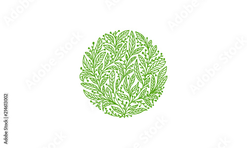 Organic Tea leaves logo design iluustration, Tea leaves logo design, Circular organic tea leaves logo design illustration
