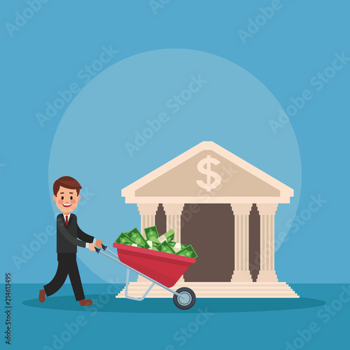 Businessman pushing wheelbarrow with money to bank vector illustration graphic design