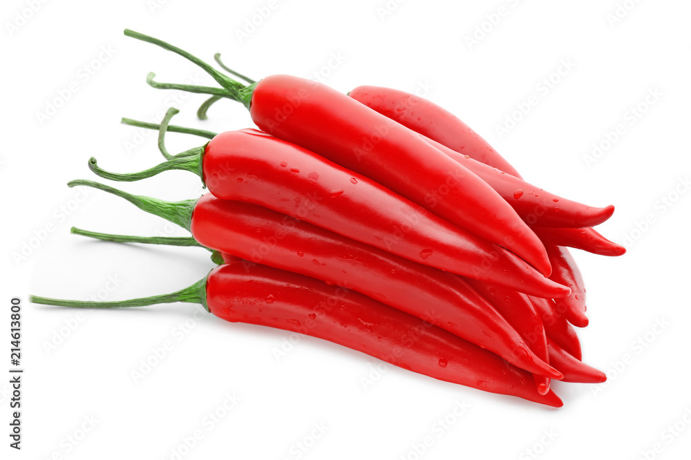 Fresh hot chili peppers on white background