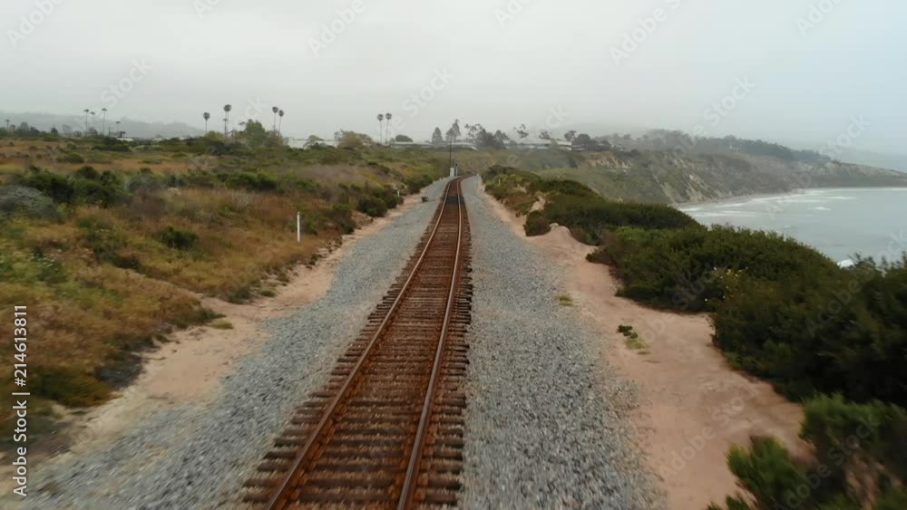 Aerial Drone shot above California Bluffs and stormy ocean with train tracks. Aerial Drone shot above California Bluffs and stormy ocean with train tracks.