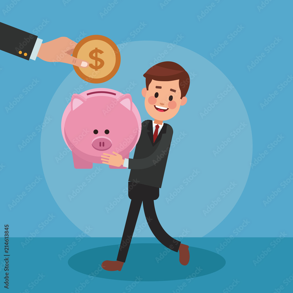 Businessman holding piggy and hand inserting coin vector illustration graphic design Businessman holding piggy and hand inserting coin vector illustration graphic design