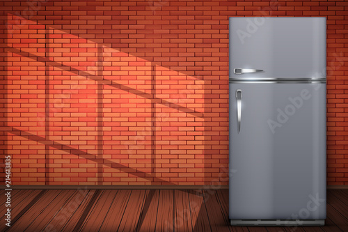 Laundry room interior with Modern Fridge Freezer on red brick wall background with sun light. The concept of modern equipment for home laundry and household appliances. Vector Illustration