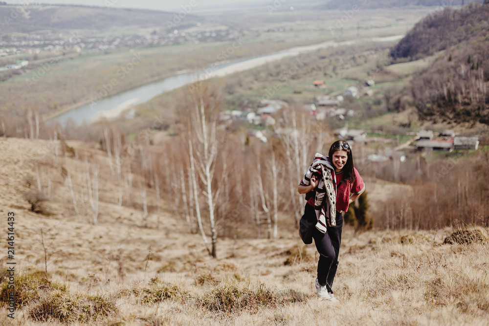 beautiful stylish woman hipster hiking in summer mountains, travel concept, space for text beautiful stylish woman hipster hiking in summer mountains, travel concept, space for text