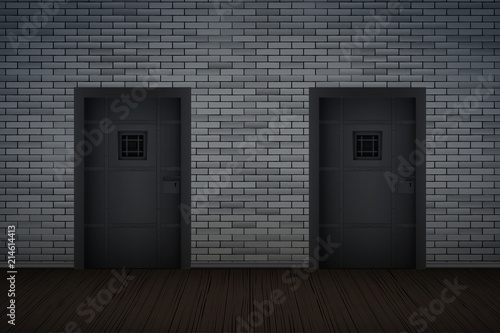 Prison interior with Metal Prison Jail cell doors and lattice. Vintage jail and prison cell. Concept design for quest rooms and escape games. Vector Illustration.