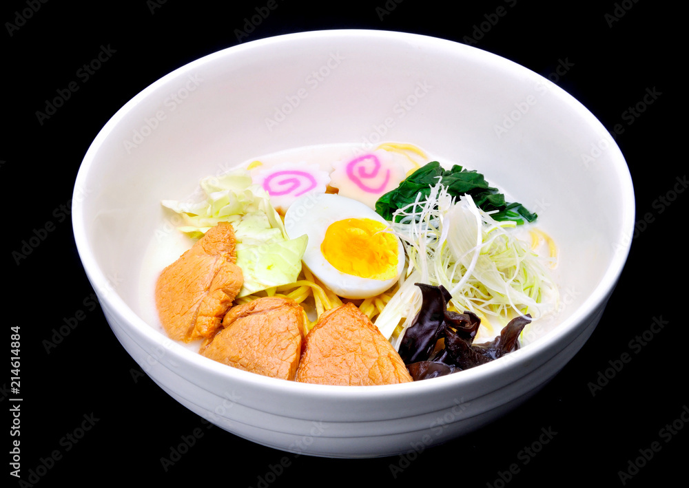 Japanese noodles in white pork bones soup