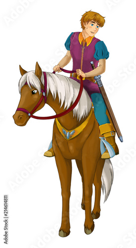 cartoon scene with prince riding on horse on white background - illustration for children © honeyflavour