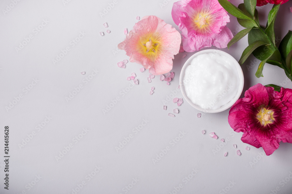 Natural Cosmetics product, flavored sea salt and mallow flowers Natural Cosmetics product, flavored sea salt and mallow flowers