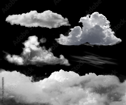 Set of transparent realistic clouds on a black background can be applied to any background and used as a layer mask.