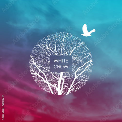 Square template with a white crow and a tree. Banner template.